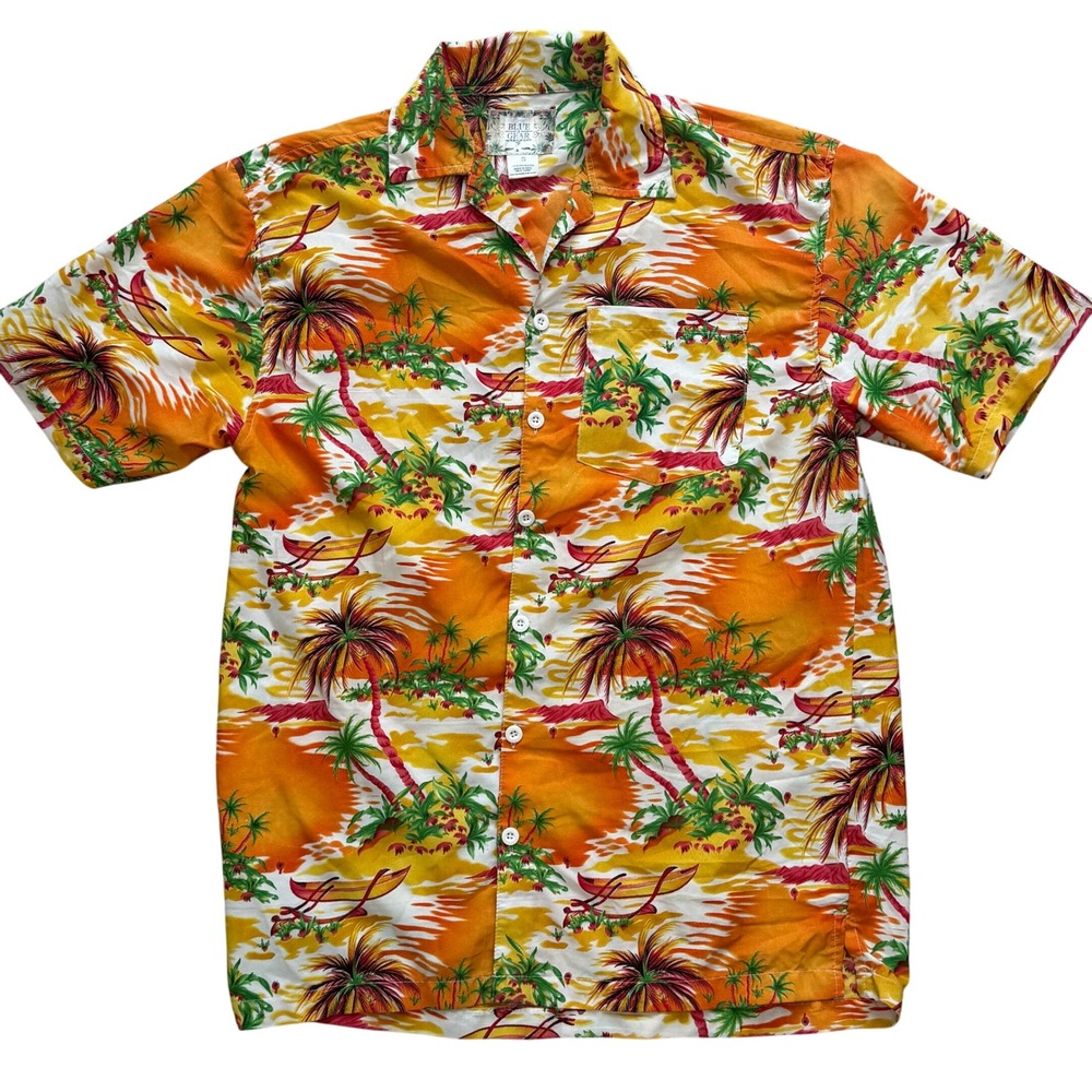 Blue Gear Men's Hawaiian Shirt  Palm Tree Sunset Print Short Sleeve  Size S